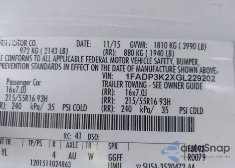 2016 Ford Focus Se из США, поврежденный, VIN 1FADP3K2XGL229202